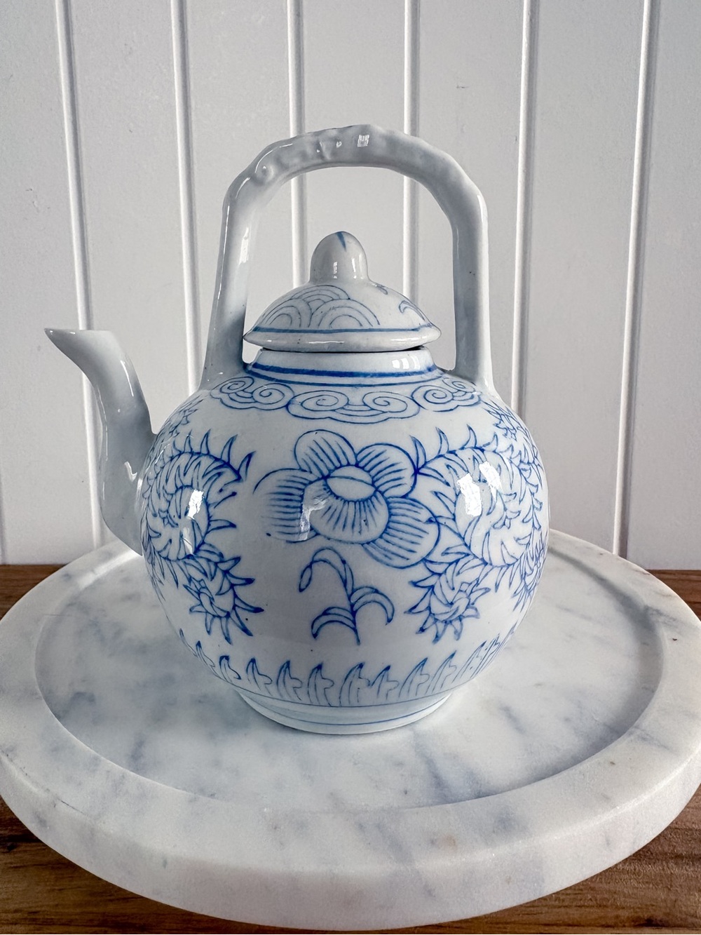 Blue & White Floral Ceramic Teapot Arched Handle